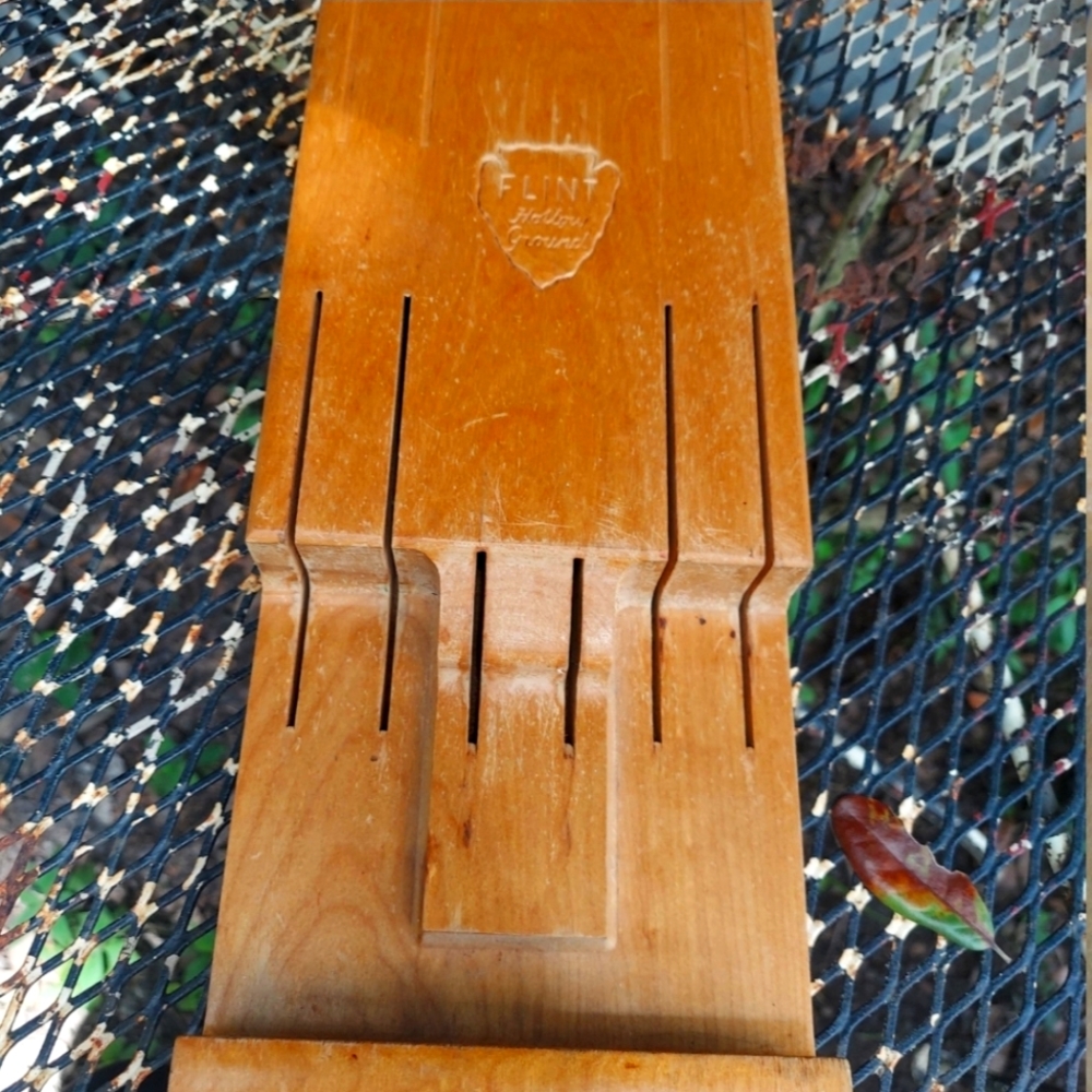 1940s knife rack with instruction label on back. Flint hollow